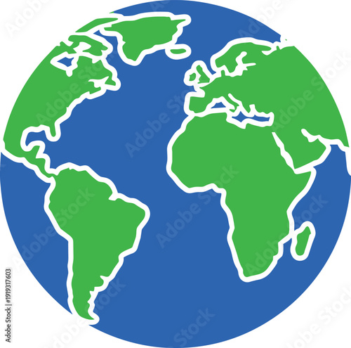 Simple blue and green globe showing continents of Earth.