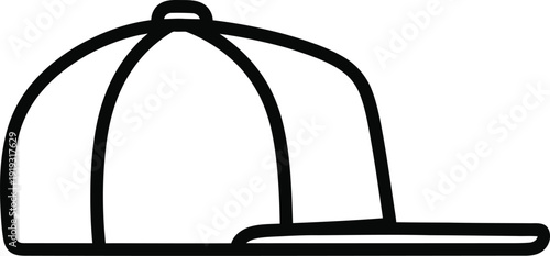 A simple black and white line art icon depicting a flat-brimmed baseball cap in side profile view