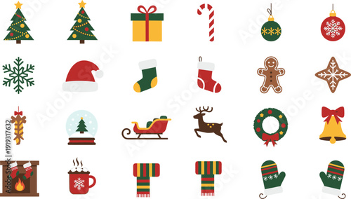 Christmas Holiday Flat Vector Icons Set Featuring Tree, Santa Hat, Gift Box, Candy Cane, Reindeer, Wreath, Fireplace and Festive Decorations Collection