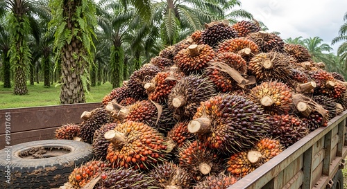 Freshly Harvested Palm Oil Fruit Bunches Loaded on Agricultural Truck in Plantation