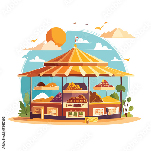 Colorful food stall illustration under sun with snacks display