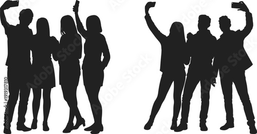 Black silhouette collection of groups of friends taking selfies with smartphones, representing social media, friendship, digital lifestyle, youth culture, and mobile technology connectivity.
