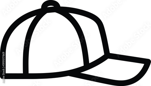 A simple black line icon of a classic baseball cap, featuring a structured crown and flat brim, isolated on a white background.