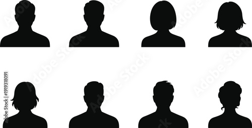 Eight Black Silhouette Head and Shoulder Profiles of Men and Women on White Background shoulders