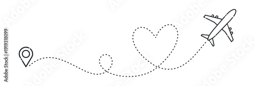 Travel airplane route icon, dotted flight path heart shape, navigation and journey vector illustration on transparent background