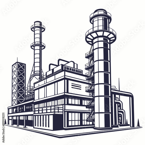 Large industrial energy complex with smokestacks and cooling tower