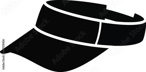 A minimalist black and white icon of a sun visor hat, typically worn for sun protection during sports and outdoor activities.