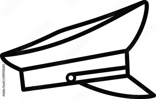 A simple black and white line art illustration of a peaked cap, often associated with authority figures or uniforms.