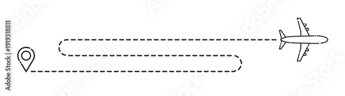 Airplane flight route line with destination pin, minimal aviation travel path vector icon isolated on transparent background
