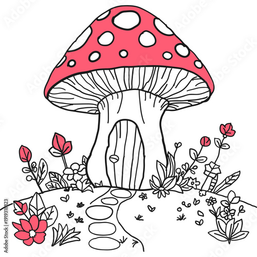 Whimsical Mushroom House with a Flowery Path
