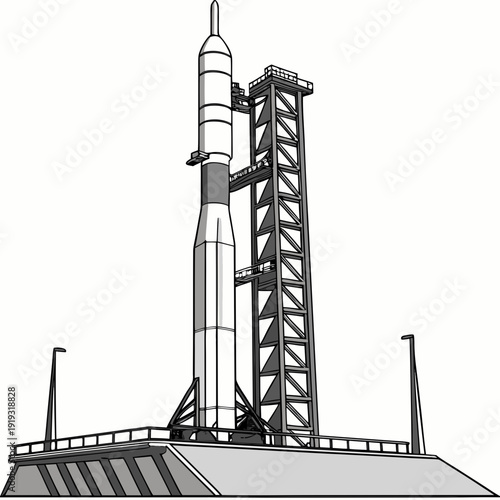 Hyper realistic rocket standing vertically on launchpad