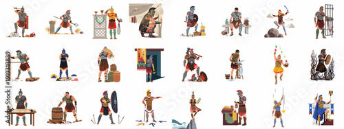 Ancient Roman Soldiers and Gladiators: A Comprehensive Vector Collection Depicting Diverse Daily Life, Combat, and Cultural Activities.