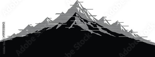 A stylized illustration of a mountain range with sharp peaks against a white background.
