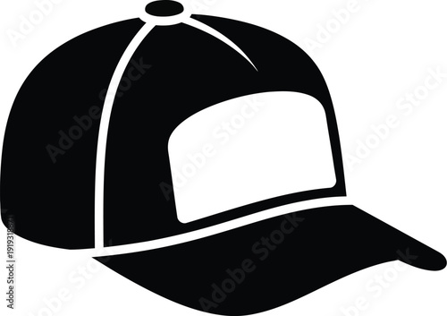A simple black and white icon illustration of a baseball cap, featuring a prominent blank front panel for design