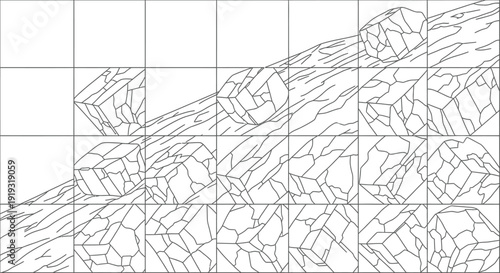 A line drawing depicts a geological cross-section with layered rock formations and scattered boulders.