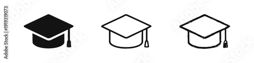 Graduation cap icons set. Academic achievement, education, university, college degree symbols. Learning success.