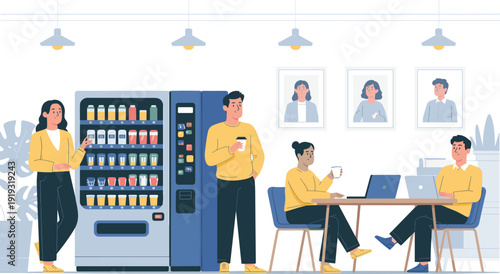 Flat vector modern office break room illustration with people drinking coffee, vending machine, teamwork and casual workspace scene for business lifestyle design
