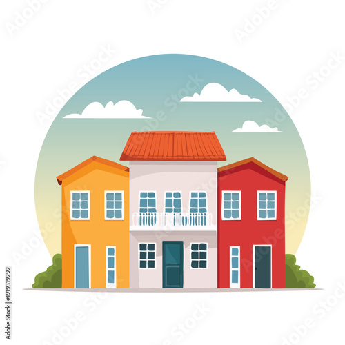Colorful cartoon houses with green bushes and cloudy sky