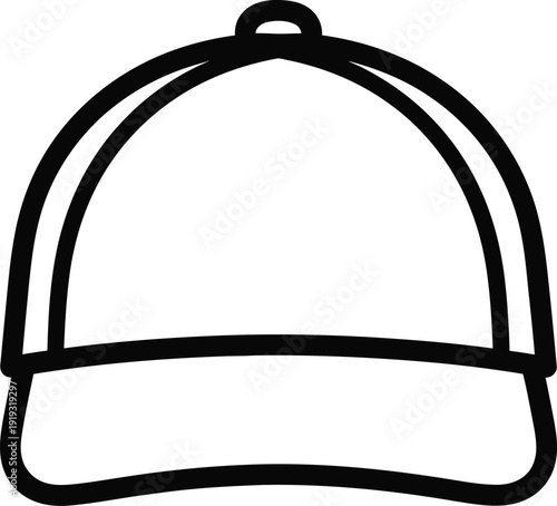 A simple black and white line art icon depicting a baseball cap viewed from the front