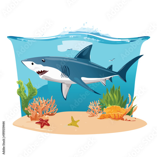 Cartoon shark swimming near coral and ocean plants