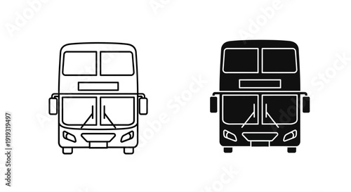 Double decker bus front view icon in outline and solid black styles, great for travel, tourism, and city transport