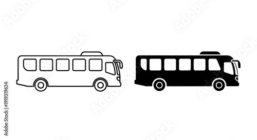 Side view bus icon in outline and solid black styles, perfect for transport, travel, and urban mobility concepts