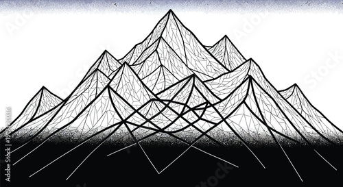 Abstract geometric mountains are rendered in black and white with intersecting lines and shaded peaks.