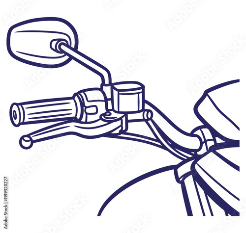 Detailed line art illustration of a motorcycle handlebar with mirror and controls