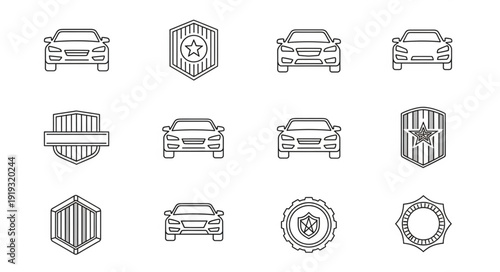 Collection of car logos and emblems in line art style.