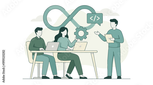DevOps team collaborating on software development project illustration
