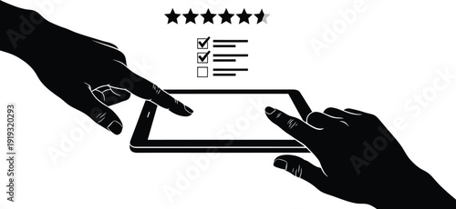 A black silhouette of a hand interacting with a touchscreen tablet, with a digital quality assessment symbol (like a five-star rating or a checkmark list) clearly emerging above the screen,