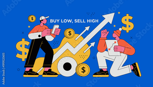Buy low, sell high. Extensive financial or economic growth. Profit from the stock market or investment. Flat vector illustration.vector icon