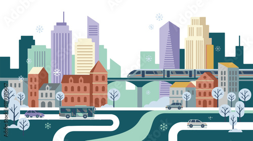 Stylized winter city landscape with modern transportation and falling snow