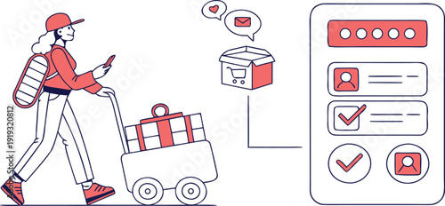 Modern line art depicting a courier with a trolley alongside a digital order tracking interface
