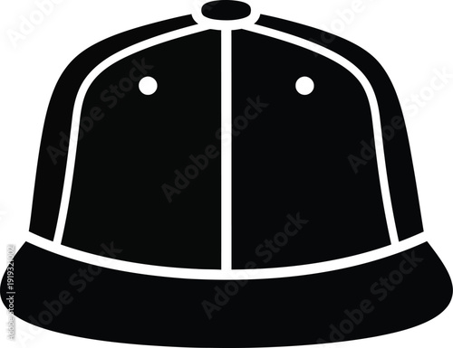 Black and white silhouette icon of a classic baseball cap with a flat brim and top button