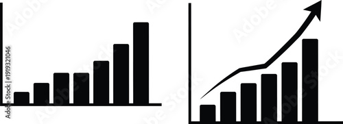 A set of two distinct black silhouette icons: one showing a horizontal bar graph illustrating steady growth, and another showing a vertical bar graph illustrating exponential upward growth, both clean