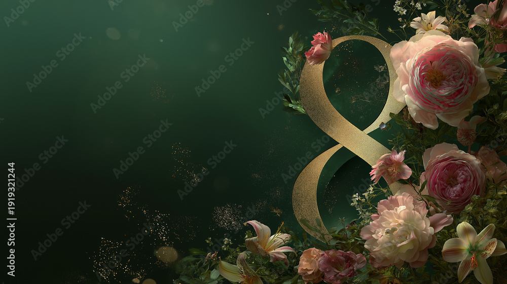 Fototapeta premium Soft petals blend with a golden eight, creating a luxurious and vibrant display against velvet Generative AI