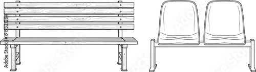 A drawing of a park bench and two waiting room chairs.