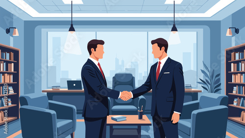 Professional handshake between two businessmen in a very elegant office space with large bookshelves and a city view.
