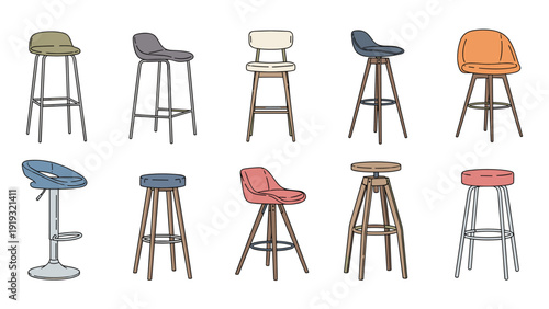 Comprehensive collection of ten unique bar stool and high chair designs in various colors and leg structures.