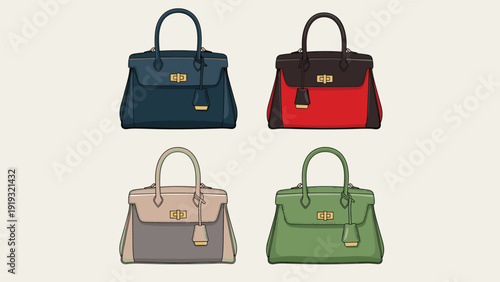 Set of four elegant luxury handbags shown in distinct color variations including navy blue, red, beige, and green for fashion choices.