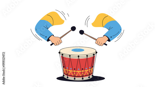 Energetic illustration of hands playing a traditional red drum with wooden sticks showing motion and musical performance.