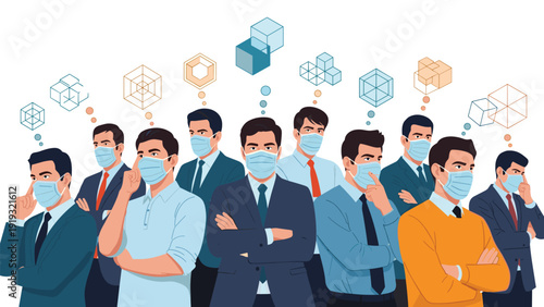 Diverse group of businessmen wearing blue medical masks with geometric abstract thought bubbles representing complex ideas or planning.