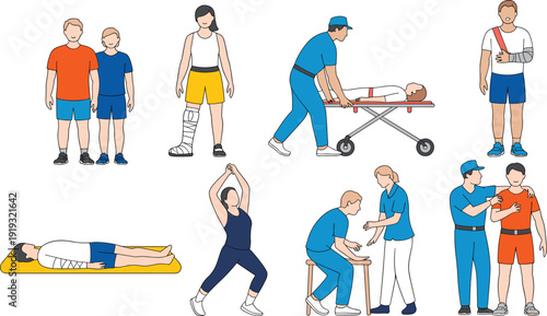 Injury rehabilitation and first aid concept illustration, medical assistance, patient care, emergency response, physical therapy recovery stages and healthcare support scenes