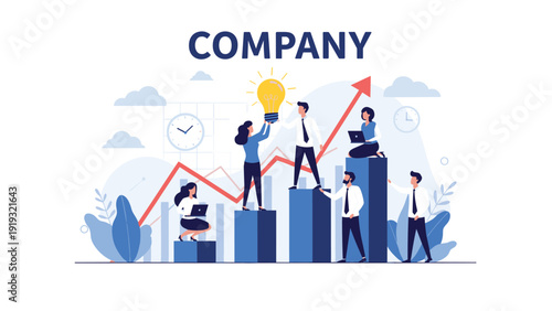 Corporate team collaboration depicted through a bar chart with a light bulb and a red arrow pointing up for growth.