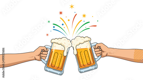 Celebration scene with two hands clinking beer mugs during a toast with colorful fireworks exploding in the air.