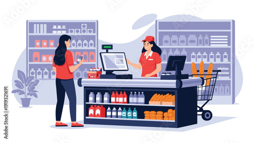 Female cashier at a supermarket checkout counter assists a customer with groceries and a full shopping trolley.