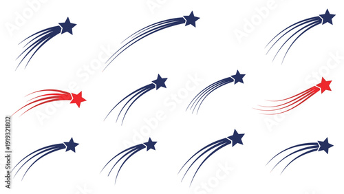 Set of comet or shooting star icons in blue and red showing motion trails for astronomical or patriotic designs.