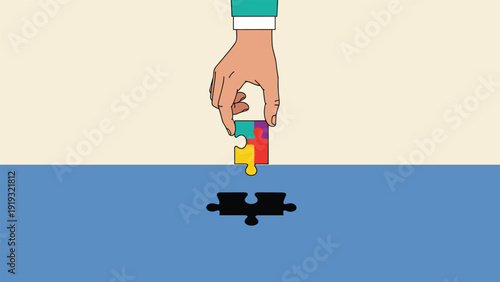 Human hand places a final colorful puzzle piece into a black slot as a metaphor for finding the right solution.
