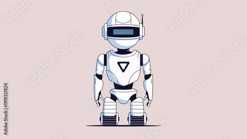 Futuristic white robot standing on wheels against a light background, featuring a sleek design with bright blue electronic accents.